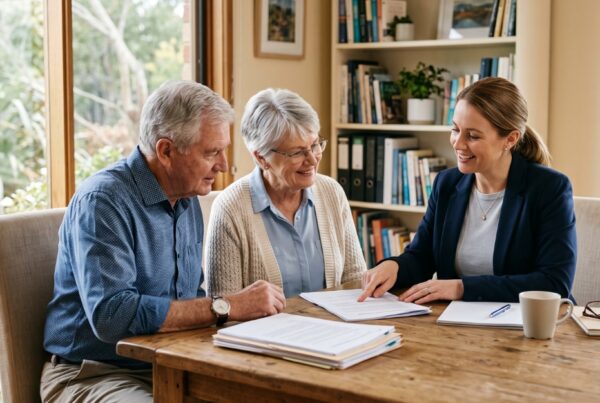 Elderly couple discussing enduring power of attorney and enduring guardianship documents with a solicitor in NSW