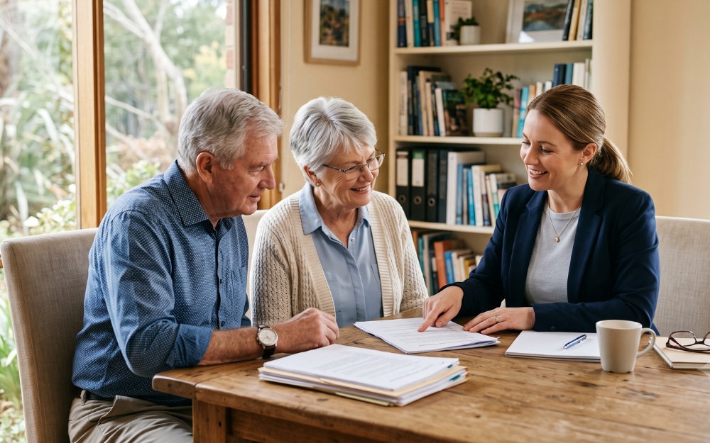 Elderly couple discussing enduring power of attorney and enduring guardianship documents with a solicitor in NSW