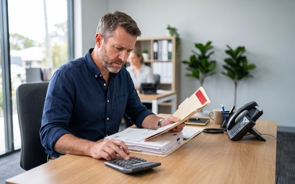Business owner reviewing overdue invoices at his desk, illustrating the process of debt recovery NSW