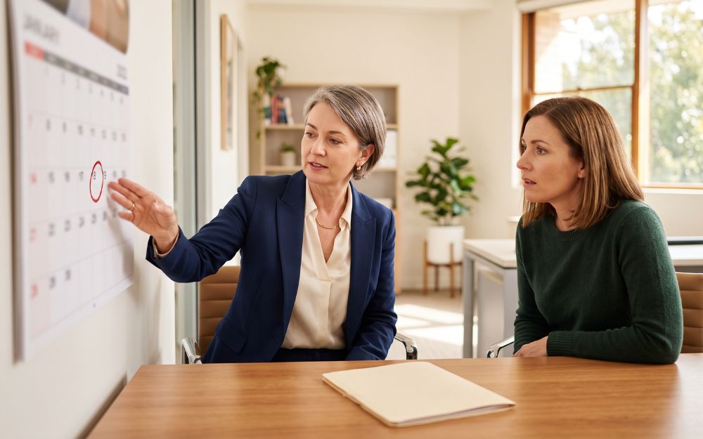 Female solicitor explaining the 12-month deadline for contesting a will in NSW to a client
